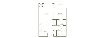 A floor plan of a house with a living room, dining room, kitchen, and two bathrooms.
