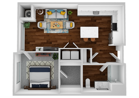 a layout of a bedroom with a living room and a dining room with a kitchen
