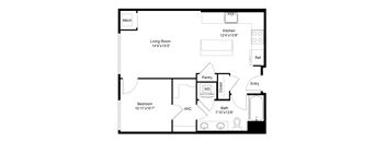 a floor plan of a studio apartment with a bedroom and a living room