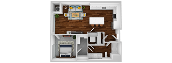 a stylized floor plan of a bedroom with a bathroom and a living room