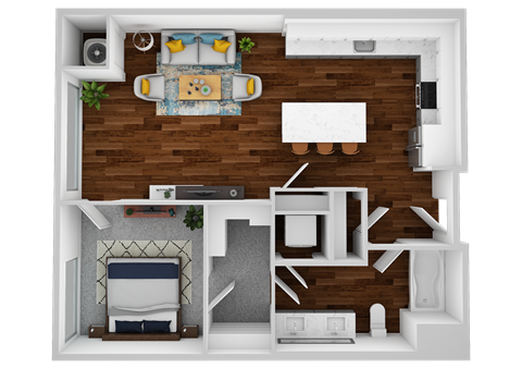 a stylized floor plan of a bedroom with a bathroom and a living room