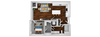 A top-down view of a small apartment with a living room, kitchen, and bedroom.
