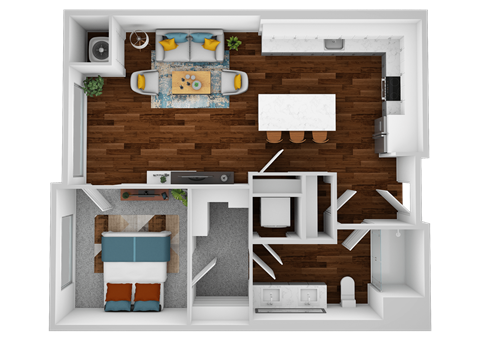 A top-down view of a small apartment with a living room, kitchen, and bedroom.