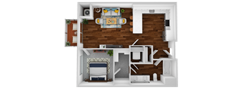 an overhead view of the floor plan of a 1 bedroom apartment
