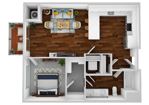 an overhead view of the floor plan of a 1 bedroom apartment