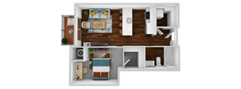 a 3d rendering of a bedroom floor plan with a living room and dining room