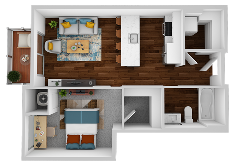 a 3d rendering of a bedroom floor plan with a living room and dining room
