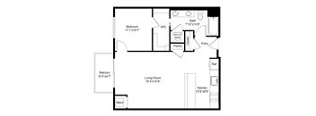 a floor plan of a studio apartment with a bedroom and a living room