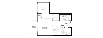 A floor plan of a house with a living room, kitchen, bathroom, and two bedrooms.