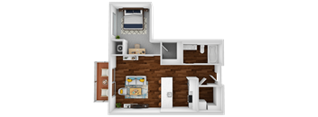 A top-down view of a small apartment layout with a bedroom, living room, and kitchen area.