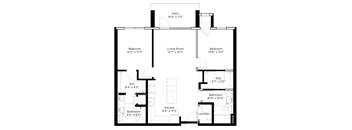 a floor plan of a house with two bedrooms and a living room and a kitchen