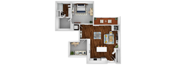 a 3d drawing of the layout of a bedroom and bathroom floor plan