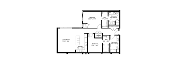 A floor plan of a house with a living room, kitchen, two bedrooms, a bathroom, and a laundry room.