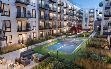 a rendering of an apartment complex with a tennis court