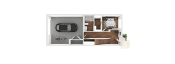 a rendering of a one bedroom apartment with a bathroom and a bedroom with a bed and a