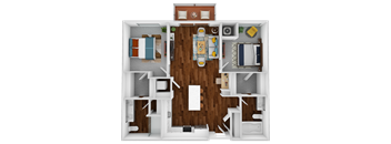 a 3d drawing of a bedroom and floor plan of a house