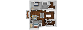a 3d drawing of the 1 bedroom floor plan with roommates