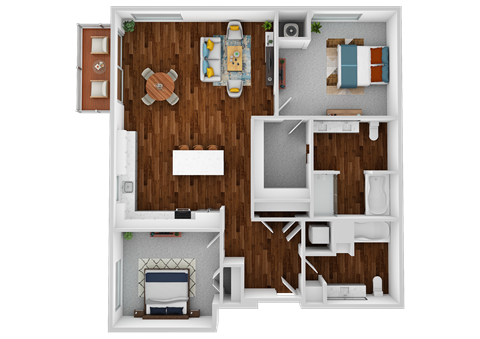 a 3d drawing of a bedroom floor plan with roommates