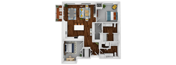 a 3d rendering of a floor plan with bedrooms and a bathroom