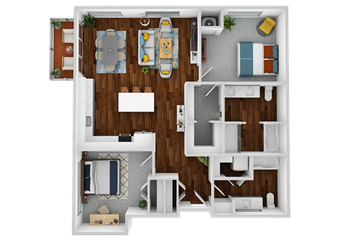 a 3d rendering of a floor plan with bedrooms and a bathroom