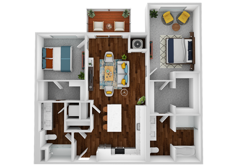 a 3d rendering of the 1 bedroom floor plan with roommates