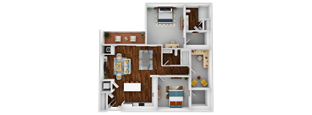 a 3d rendering of the 1 bedroom floor plan with roommates