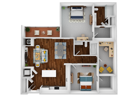 a 3d rendering of the 1 bedroom floor plan with roommates