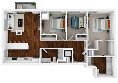 three bedrooms, two bathrooms
