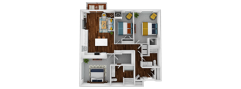 a 3d drawing of the 1 bedroom floor plan with roommates