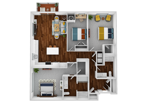 a 3d drawing of a bedroom floor plan with roommates