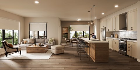 A modern kitchen with a breakfast bar and a living room area with a sofa and chairs.