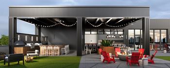 a rendering of a restaurant and lounge area with red chairs and tables