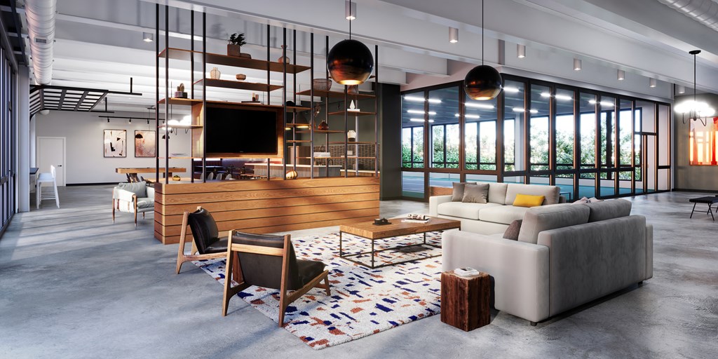 a rendering of a living room with couches and a television