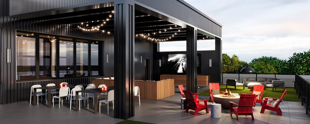 a rendering of a patio with tables and chairs and a fireplace