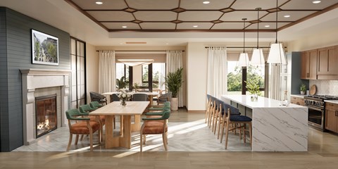 A modern kitchen with a dining table and chairs.
