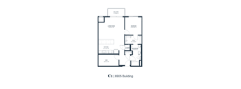 A floor plan of a building with a balcony, living room, kitchen, bathroom, laundry, bedroom, and den.