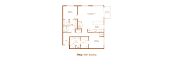 A floor plan of a building with rooms labeled, including a bedroom, living room, kitchen, and bathrooms.