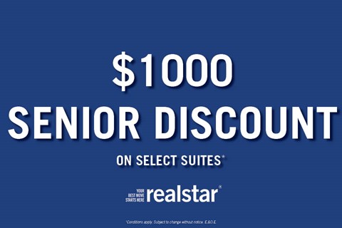 A blue advertisement for a $1000 senior discount on select suites.