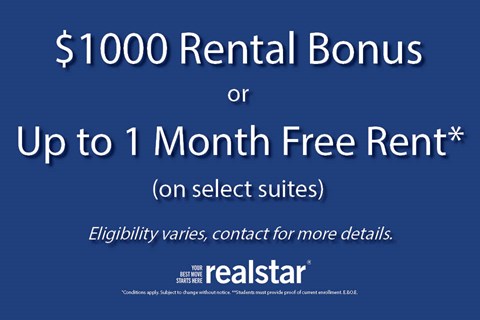 A promotional image for a $1000 rental bonus or up to 1 month free rent on select suites.