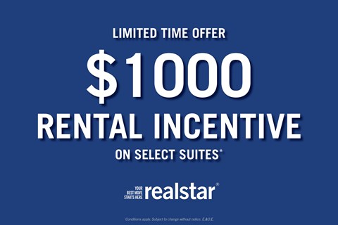 A blue advertisement for a $1000 rental incentive on select suites.