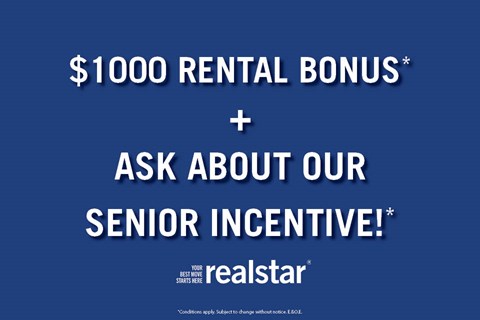 A blue advertisement for a $1000 rental bonus and a senior incentive from Realstar.