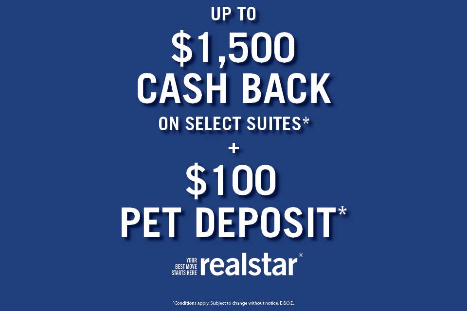 A promotional image offering up to $1,500 cash back and a $100 pet deposit on select suites.