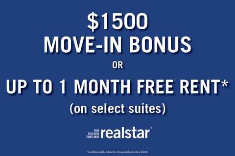 A blue advertisement for a $1500 move-in bonus or one month free rent on select suites.