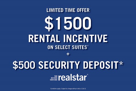 A promotional image for a limited time offer of $1500 rental incentive on select suites and a $500 security deposit from Realstar.