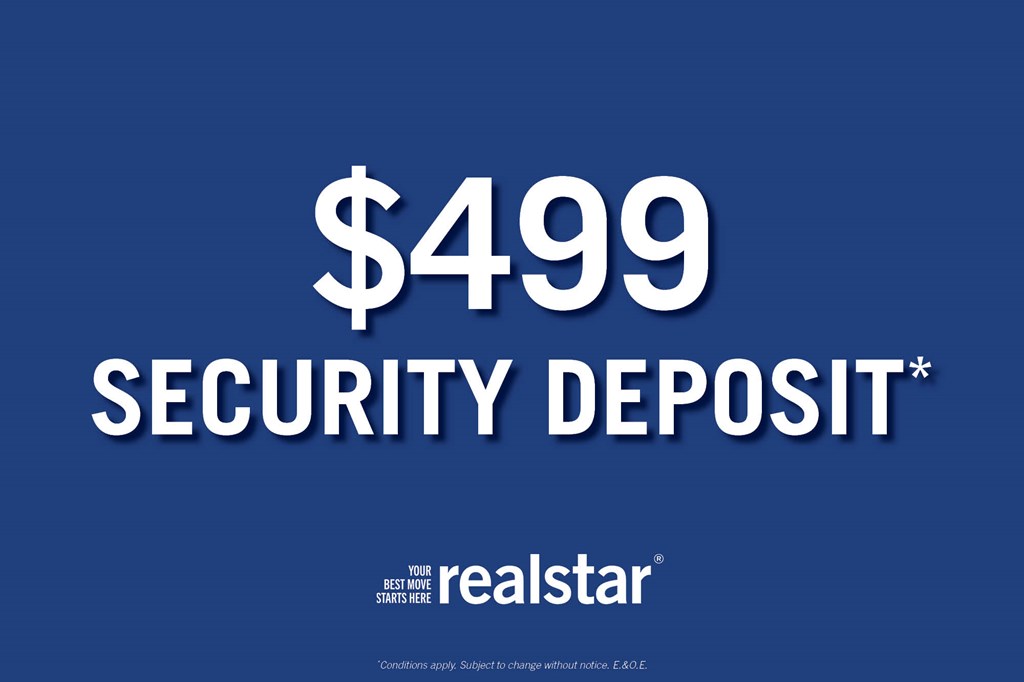 A blue background with "$499 SECURITY DEPOSIT" written in white text.