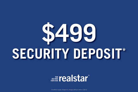 A blue background with "$499 SECURITY DEPOSIT" written in white text.