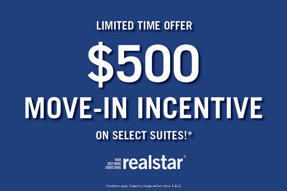 A blue advertisement for a $500 move-in incentive on select suites.