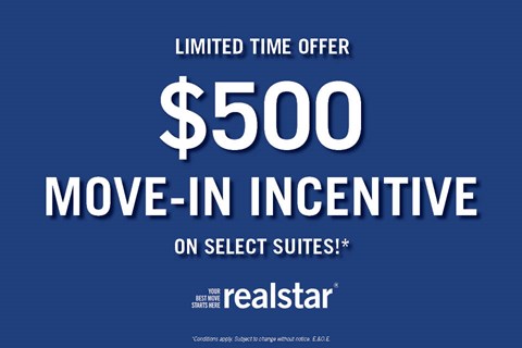 A blue advertisement for a $500 move-in incentive on select suites.