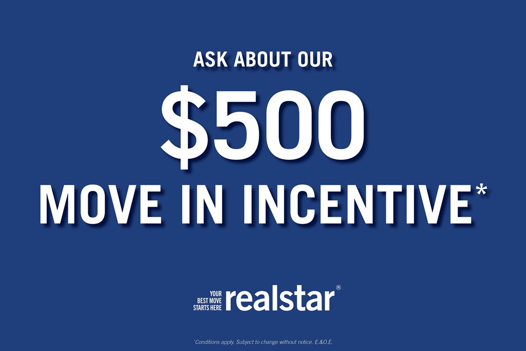 A blue advertisement for a $500 move-in incentive from Realstar.