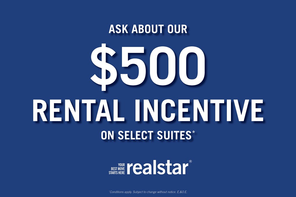 A blue advertisement for a $500 rental incentive on select suites.